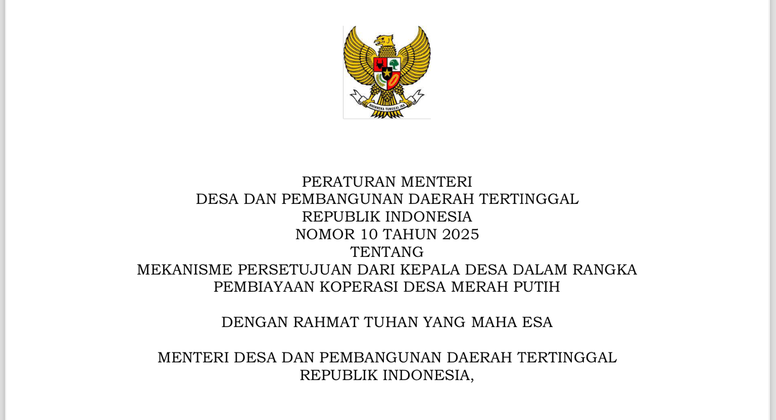 Permendesa PDT 10 Tahun 2025 Terbit, Kepala Desa Kini Pegang Peran Penting dalam Persetujuan Pembiayaan Koperasi Desa